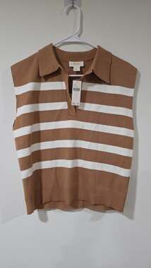 NWT Anthropologie Maeve Neutral Stripe Collared Sleeveless Sweater Vest, preppy